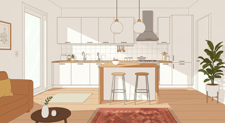 A sun-drenched kitchen, minimalist and warm, inviting peace and quiet with a touch of natural light and simple lines.