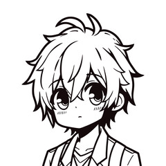 Chibi Anime Boy Portrait Coloring Page, Cute Manga Character with Big Eyes for Kids, Printable Activity Sheet with Simple Line Art, Young Boy with Expressive Eyes, Easy Coloring Page for Anime Fans
