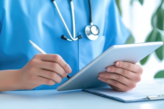 Close-up of a healthcare professional in scrubs using a digital tablet to review or enter patient information in a modern clinic. Doctor using tablet for medical records

