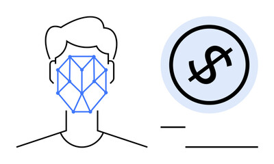 Face scan with geometric grid next to dollar sign. Ideal for security, identity verification, fintech, biometrics, facial recognition, AI, digital payments. Flat simple metaphor