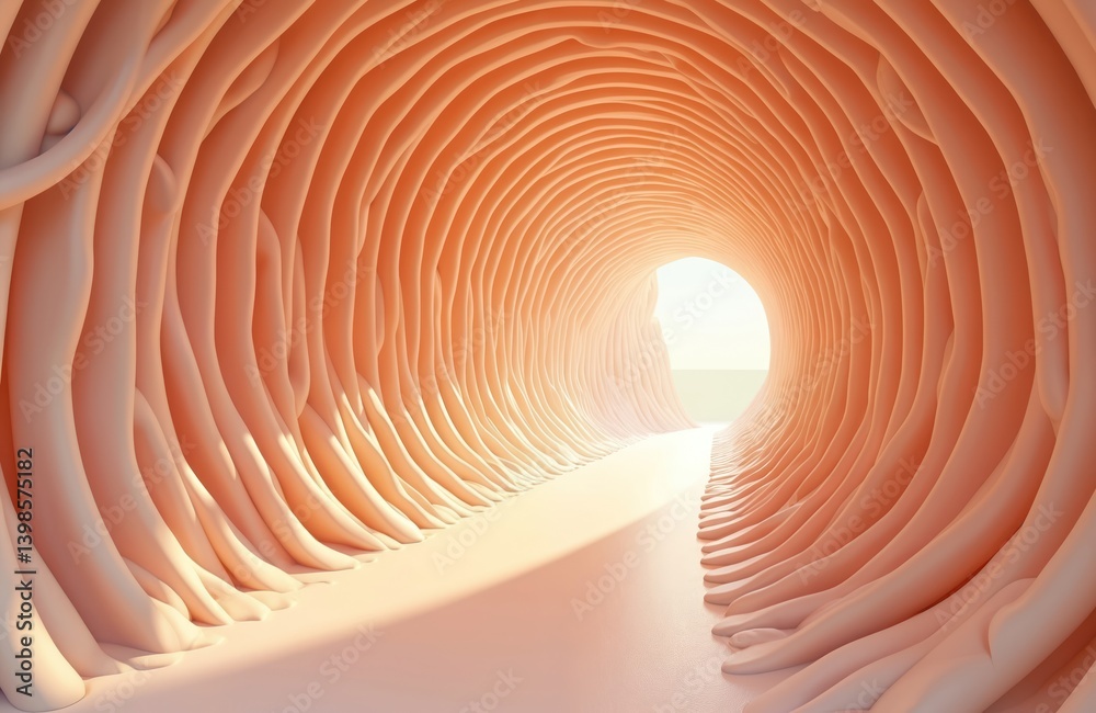 Aufkleber 3d rendering of unique tunnel structure. Grooved walls, light at the end. Illustration of modern architecture. Empty inside space with abstract design, futuristic concept. Modern building inside hall.