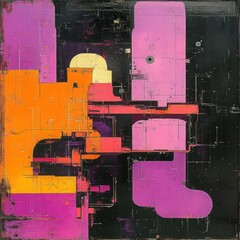 Abstract artwork featuring vibrant colors and complex shapes, evoking a sense of technology and digital design.  Intricate patterns and geometric forms create a visually stimulating piece
