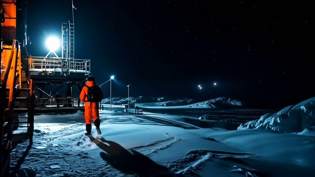 We are delving into a mesmerizing snowy night landscape that is illuminated beautifully under artificial light