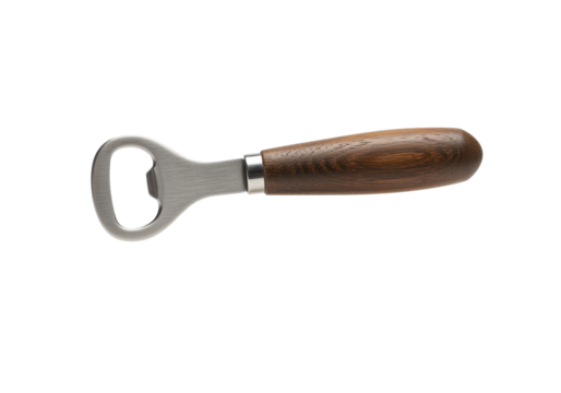 A floating bottle opener with wooden handle, horizontally aligned, on a solid white background