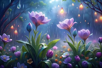 Fototapeta premium Enchanting twilight garden where luminous flowers bloom under a gentle rain, lit by hanging lanterns.