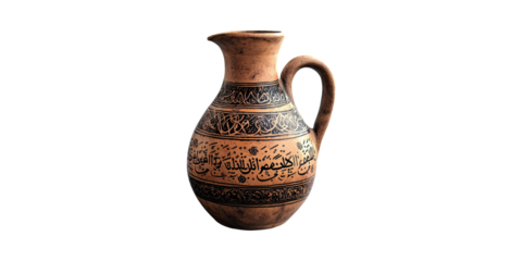 Antique Ceramic Jug With Arabic Calligraphy. Cultural Heritage And Artistic Craftsmanship Isolated On Transparent Background