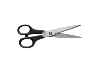 A floating kitchen scissors, horizontally aligned, on a solid white background