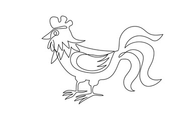 Rooster line art drawing, poultry. Animal, bird on the farm. Graphic design modern continuous line drawing