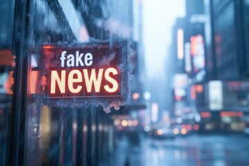 Fog rendered fake news 3d text against a dark blue cityscape with blurry buildings and street
