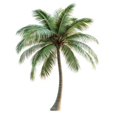 A majestic coconut palm tree standing tall against a bright white background, showcasing its lush green fronds and textured trunk in vibrant detail.