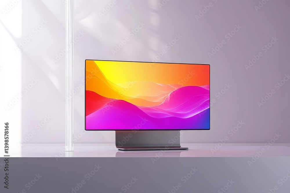 Poster colorful abstract display with waves on a sleek metallic base against a soft gradient background