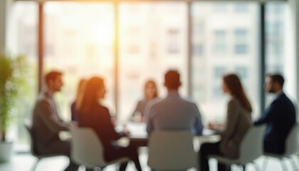 Blurred background image of business meeting at table. People team in office. Conference, teamwork, communication. Businessmen, businesswomen discussing project, working on computer, collaboration.