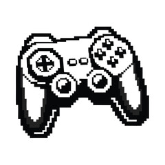 Retro Pixel Art Video Game Controller, Black & White Isometric Illustration, 8 Bit Design © Shipon