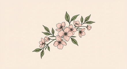 A delicate blush pink cherry blossom branch in elegant minimalist style on a soft beige background