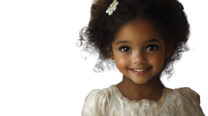 a little girl with curly hair and a white dress poses for a portrait on a transparent background, PNG image, PNG file, Generative art.
