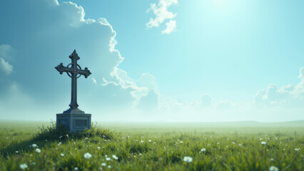 Fototapeta premium A serene Christian gravestone under a bright sky with fluffy clouds.