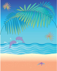 Dolphins swimming on a tropical beach wtih palm leaves, sand and starfish