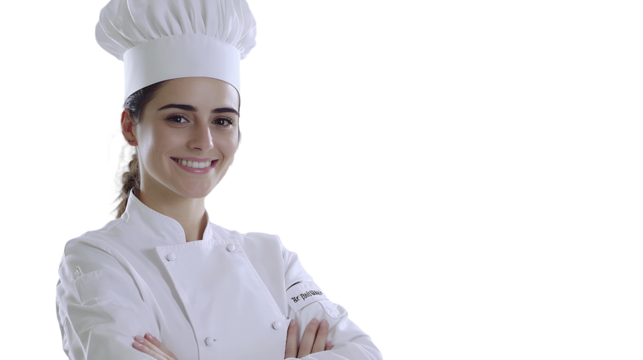a young woman in a white uniform and hat standing with her arms crossed in front of a on a transparent background, PNG image, PNG file, Generative art.