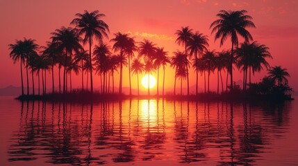 Fototapeta premium Sunset Paradise: Palm Trees Silhouetted Against a Vibrant Red Sky