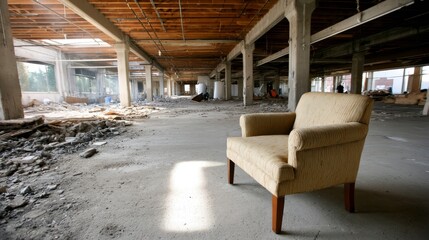 Sunlight streams through collapsed beams onto a lone armchair in a ruined structure, illuminating debris and neglect in an abandoned industrial space
