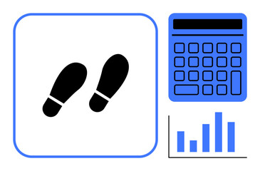 Black footprint icons, blue calculator, and a bar graph represent activity tracking, step counting, fitness planning, and data analysis. Ideal for fitness, tracking, analytics health apps exercise