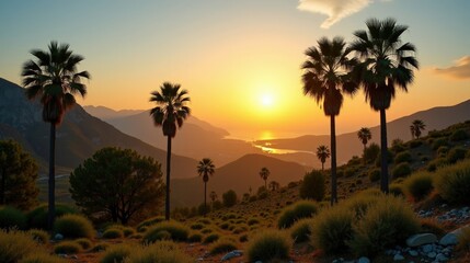 Obraz premium Lush Palm Forest of Vai in Greece at dawn, bathed in the heat of a sunny summer morning, seen from a panoramic angle.