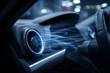 Abstract blue airflow visualization inside a car with electric fan for vehicle cooling and cleaning