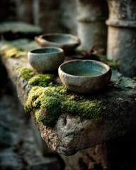 Fototapeta premium Close-up of handmade ceramic cups with green tea on mossy stone table in soft light perfect for product backgrounds and rustic drink branding