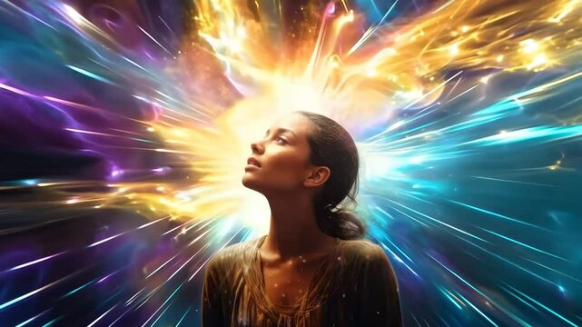 A woman gazes upward, surrounded by cosmic light bursts. The low-angle shot creates a mystical, dreamlike video effect with vibrant colors.