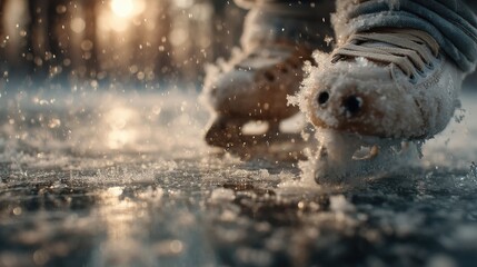 Close-up of ice skate blades cutting through frosty surface with dynamic motion and frozen snow splashes perfect for winter sports visuals and active lifestyle branding