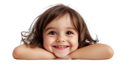 portrait of a little girl smiling with her hands on her face leaning on her head photo on a transparent background, PNG image, PNG file, Generative art.