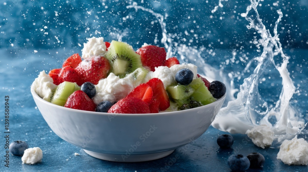 Poster fresh strawberries, blueberries, and kiwi slices cascade into a bowl of creamy yogurt, creating deli