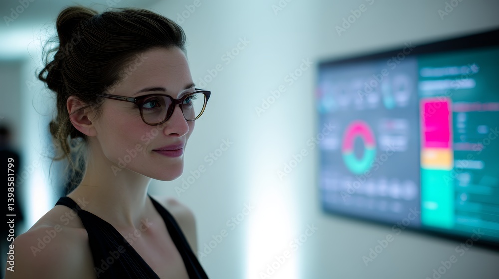 Aufkleber A woman with stylish glasses intently observes a floating digital dashboard displaying glowing icons and charts, revealing her focused expression in a futuristic setting