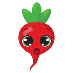 Obraz premium Surprised red radish with big shiny eyes and green leaves Fun vegetable character for healthy food illustrations, kids' projects, or agricultural visuals