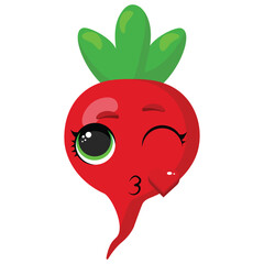 Bright flat illustration of red radish with expressive face and wink Perfect for healthy food designs, packaging, print products, and educational materials