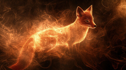 Ethereal Flame Fox Spirit Emerging from Fire and Smoke in a Dark Mystical Fantasy Realm