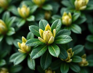 Obraz premium Close-up of rhododendron leaves with swollen buds in garden. Green, yellow colors. Fresh, vibrant foliage for park, botanical illustration, nature eco-friendly projects, wallpaper.