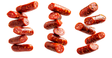 Set of Sliced Chorizo Spanish sausage isolated on white transparent background. Concept of cured meats