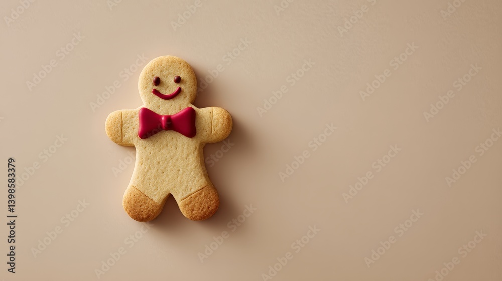 Poster close-up of a cheerful gingerbread cookie shaped like a man, featuring a red bow tie. soft lighting 