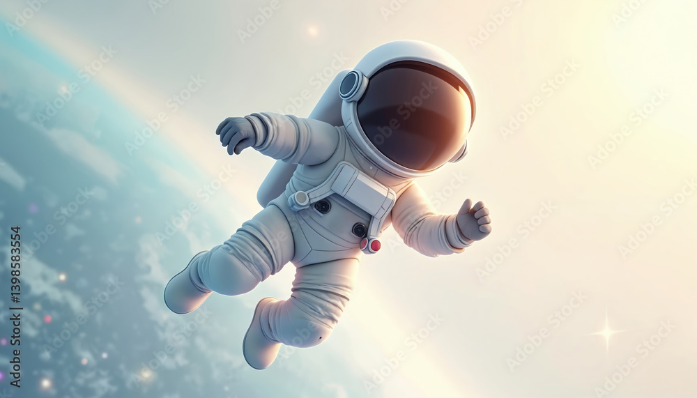 Poster cartoon astronaut floats in zero gravity. spaceman in spacesuit explores cosmic journey against whit