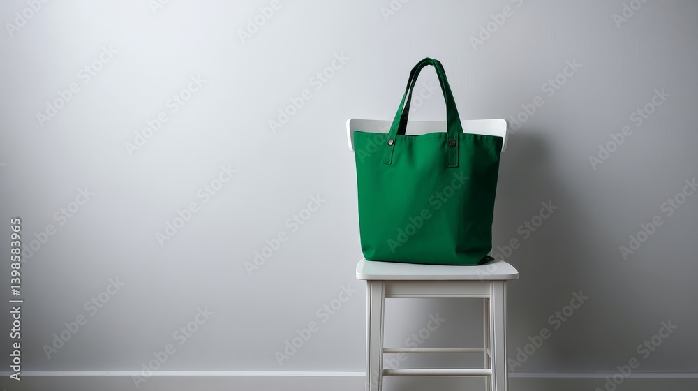 Poster a green fabric tote bag rests on a white stool against a neutral background, showcasing its stylish 