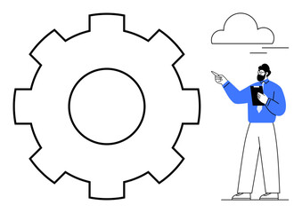 Business professional points at a large gear symbol while holding a clipboard, signifying process optimization, innovation, and teamwork. Ideal for strategy, planning, industry, workflow, management