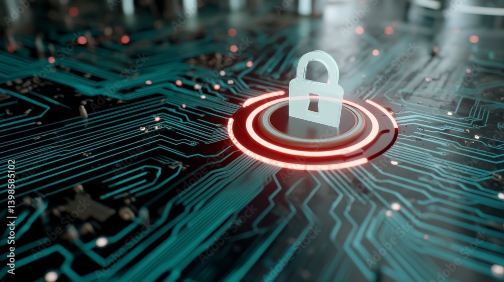 Aufkleber Central processing unit showcases a luminous digital padlock hovering above, encircled by holographic shields and circuit lines emphasizing cybersecurity