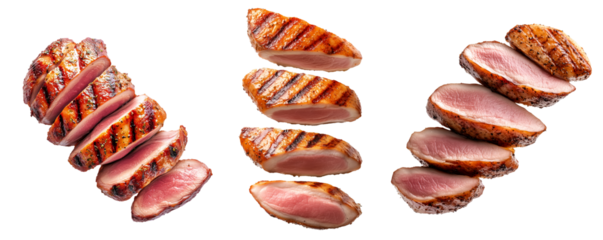 Set of Sliced grilled duck breast seasoned with spices isolated on white background, healthy food and barbecue