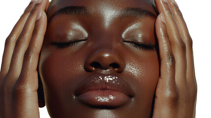 a beautiful young black woman covering her face with her hands with closed eyes on a transparent background, PNG image, PNG file, Generative art.