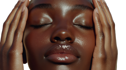 a beautiful young black woman covering her face with her hands with closed eyes on a transparent background, PNG image, PNG file, Generative art.
