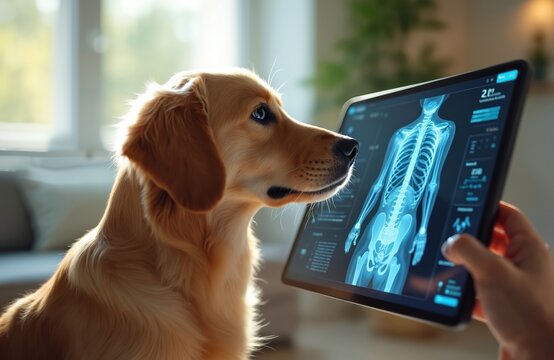 Dog looks at tablet screen. Modern tech displays digital image of pet skeleton. Veterinary medicine, animal health care with futuristic design. Digital diagnostic with ai. Healthcare innovation