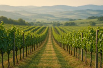 Fototapeta premium Lush Green Vineyard Rows Stretching Towards Rolling Hills in Soft Evening Light