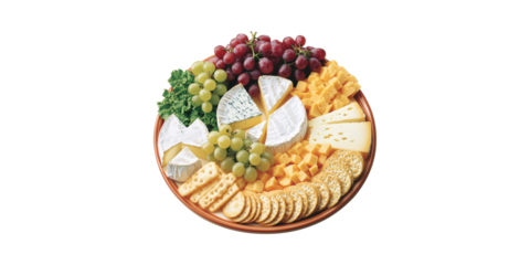 Cheese And Fruit Platter With Crackers. Gourmet Appetizer Selection For Entertaining Isolated On Transparent Background