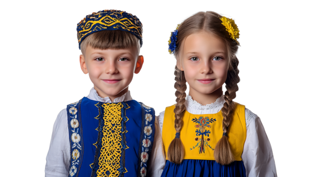 a young boy and a little girl dressed in traditional costume isolated on photo on a transparent background, PNG image, PNG file, Generative art.